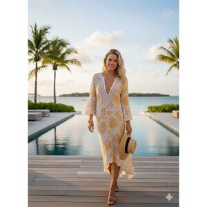 Sunday 100% Linen Eyelet V-Neck Midi Dress/Beach Cover Up Floral Resort M